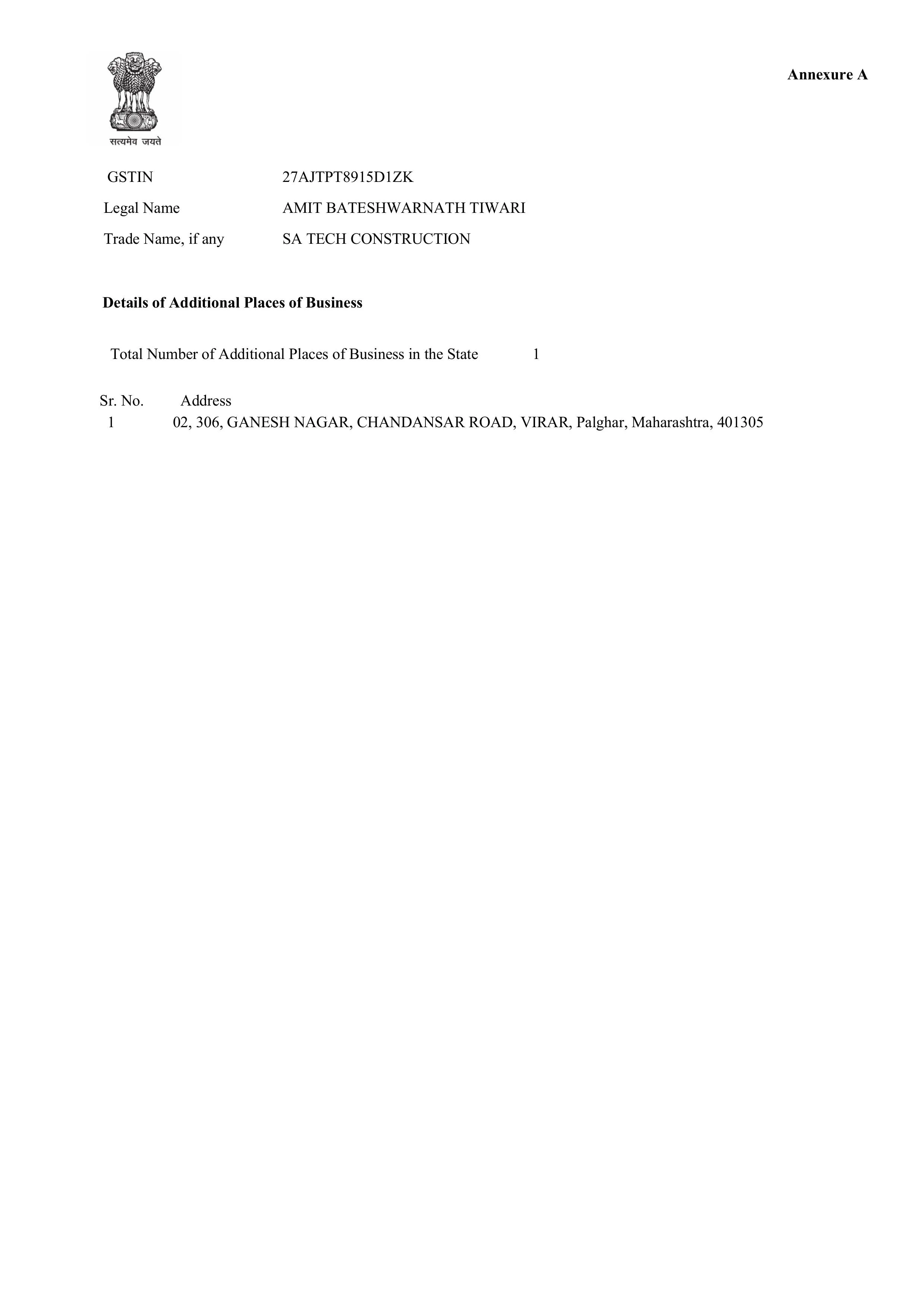 GST Registration Number - 27AJTPT8915D1ZK